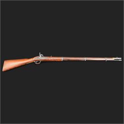 Enfield .577 action rifle, the 91.5cm rifled barrel with three barrel bands and ramrod under, full walnut stock, action marked 'Enfield' with Victoria cypher, overall L131cm