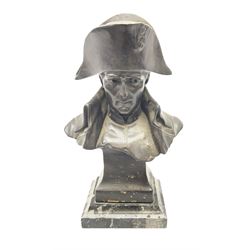 Bronze bust modelled as Napoleon, head and shoulders, wearing his hat and with open collar, on a tapering square section base, marked to the reverse 'Lecomte '82', H36cm