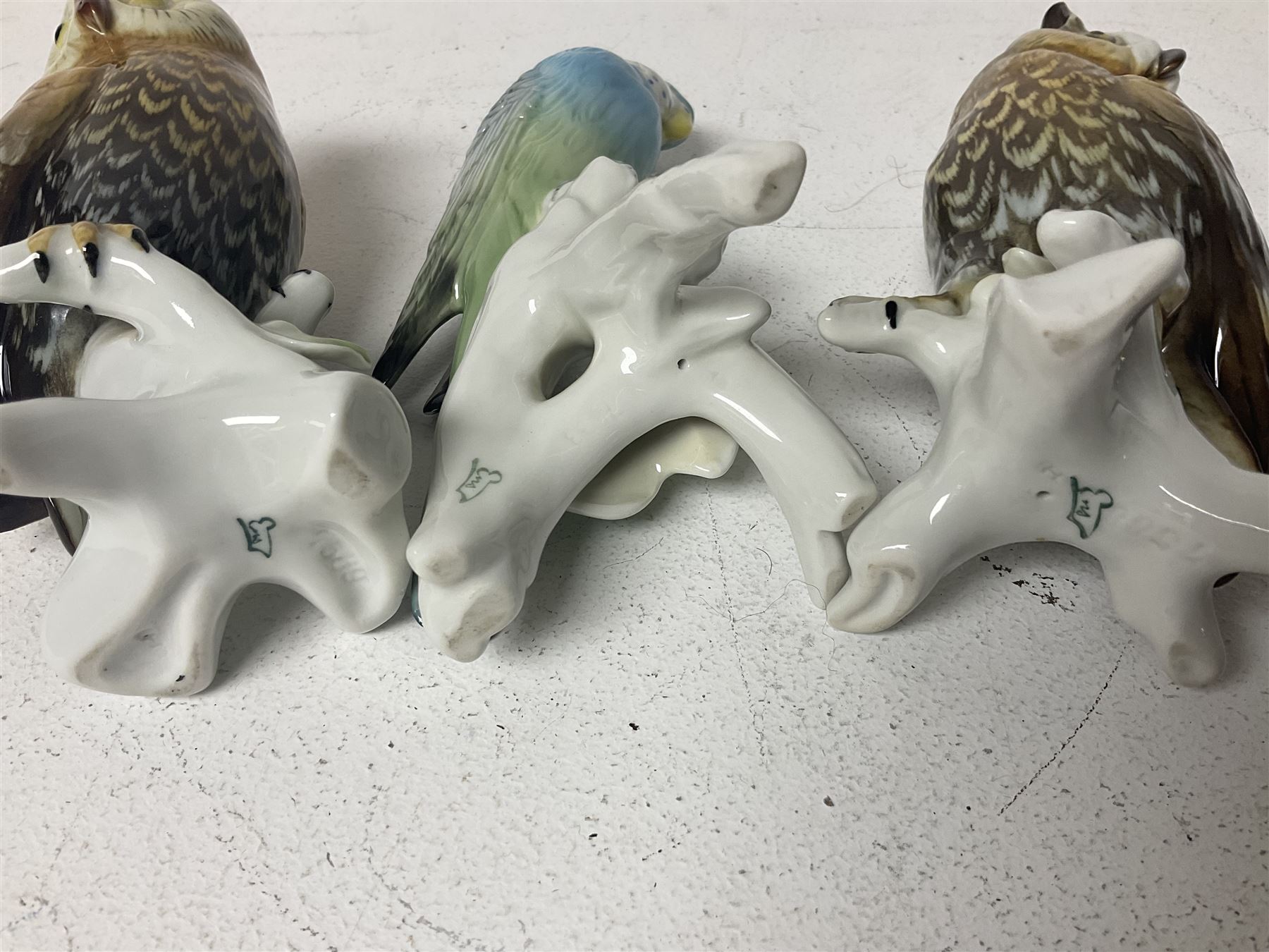 Seven Karl Ens bird figures, including barn owl, eagle owl, blue tit, budgerigar etc, all with mark beneath, tallest H17cm 
