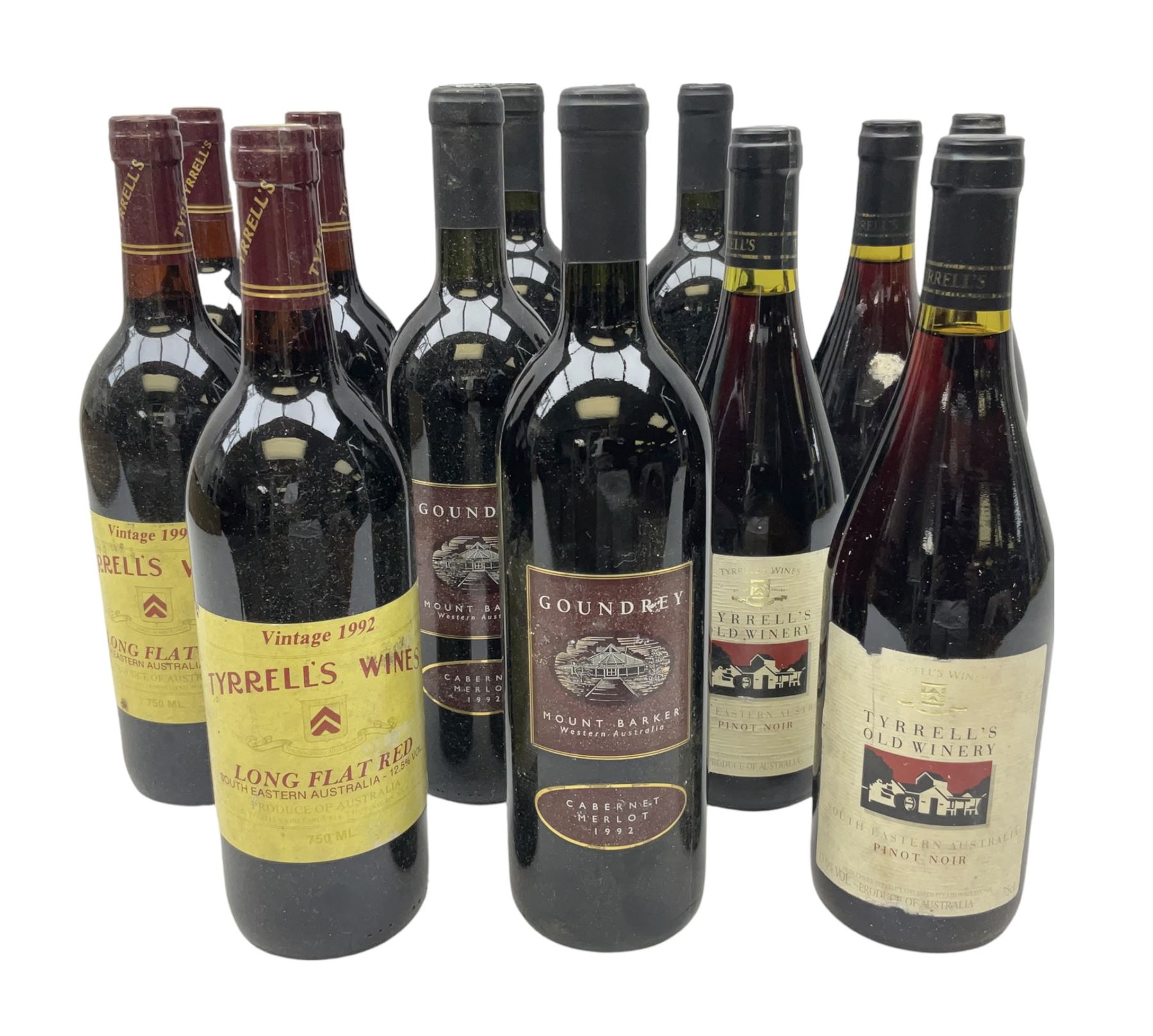 Mixed red wines comprising Tyrrell's Vintage 1992 Long Flat Red, 750ml, 12.5% vol, four bottles, Goundrey Mount Barker 1992 Cabernet Merlot, 750ml, 12% vol, four bottles, and four Tyrrell's Old Winery pinot noir, 13% vol (12)