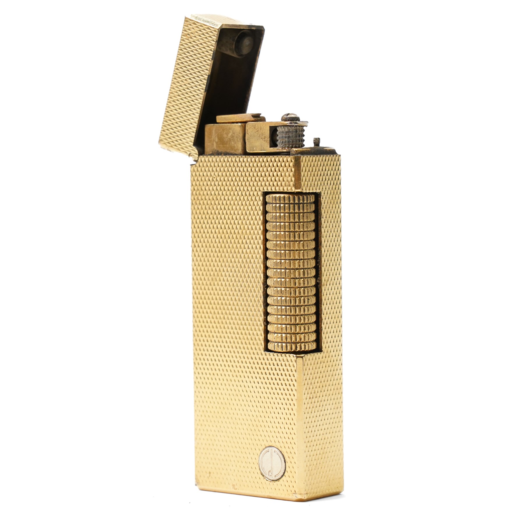 Dunhill - Rollagas lighter, gilt metal with engine-turned decoration and ribbed thumbpiece, H6.5cm 