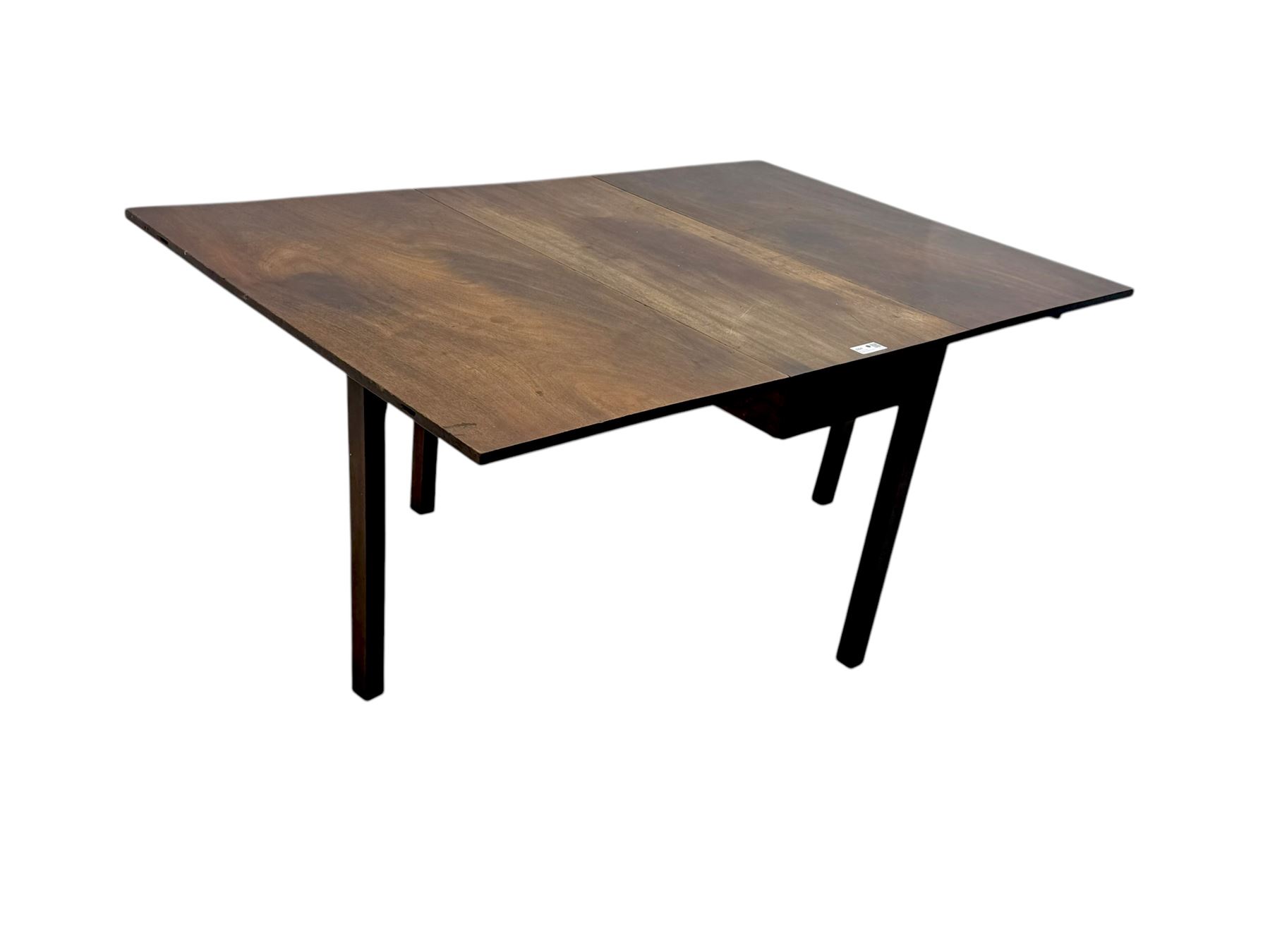 Georgian mahogany drop-leaf dining table, rectangular top with two hinged leaves supported by a gateleg mechanism, raised on square-section supports