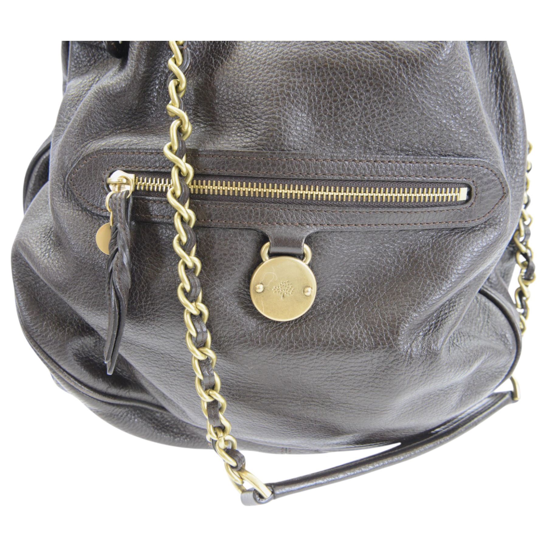 Mulberry 'Somerset Hobo' dark brown calfskin leather handbag, with short and long chain straps, the exterior with front zip pocket and gold tone mulberry logo zipper and fob beneath, with single pocket to the interior, serial no. 2192708, in Mulberry dust bag, H30cm, W34cm 