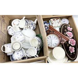 Capodimonte roses wall hanging, Victoria ceramics candle sticks, cake stand, flatware etc two boxes.  