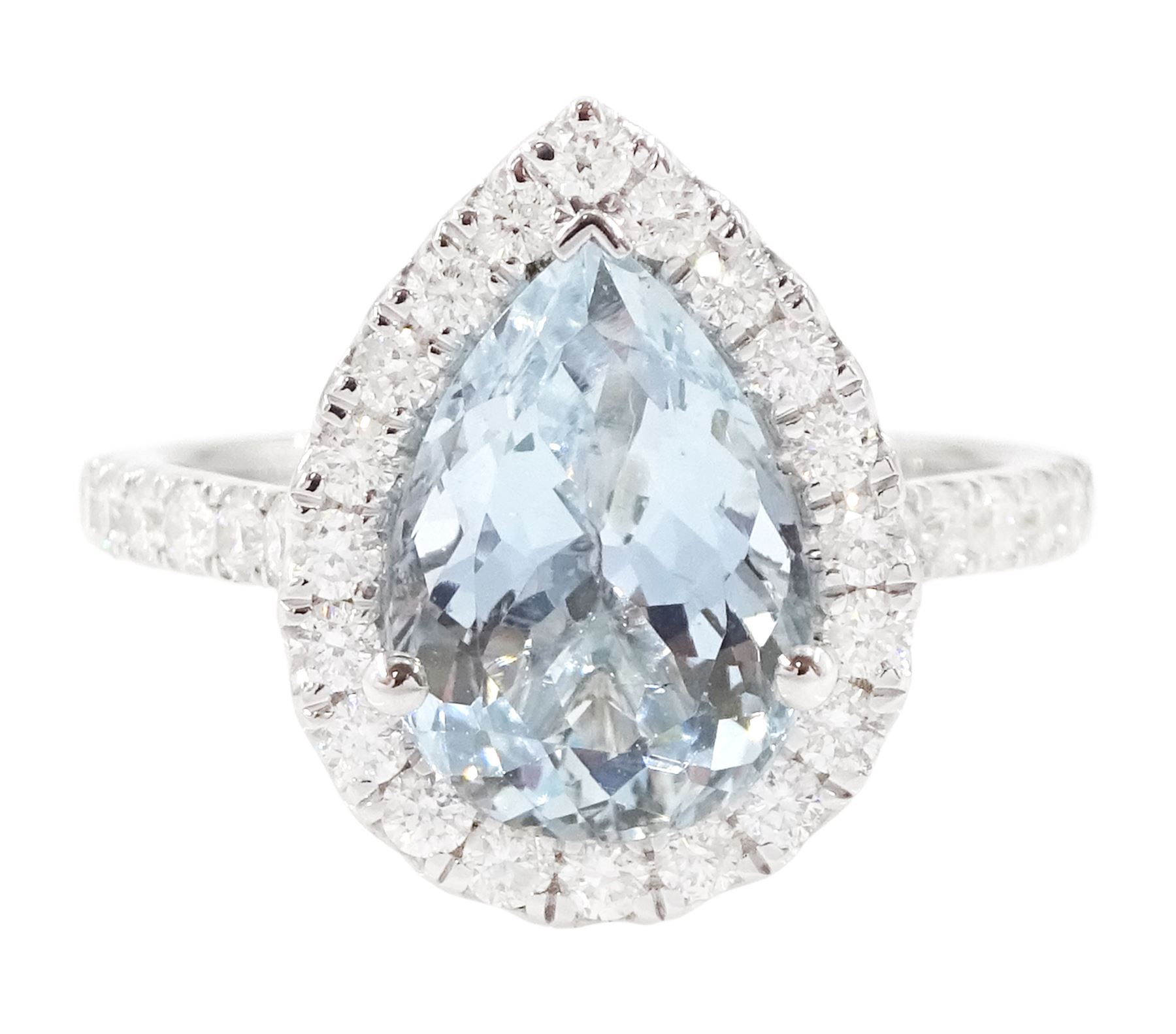 White gold aquamarine and diamond cluster ring, single pear cut aquamarine of approx 2.75 carat, surrounded by round brilliant cut diamonds and diamond set shoulders, hallmarked 9ct
