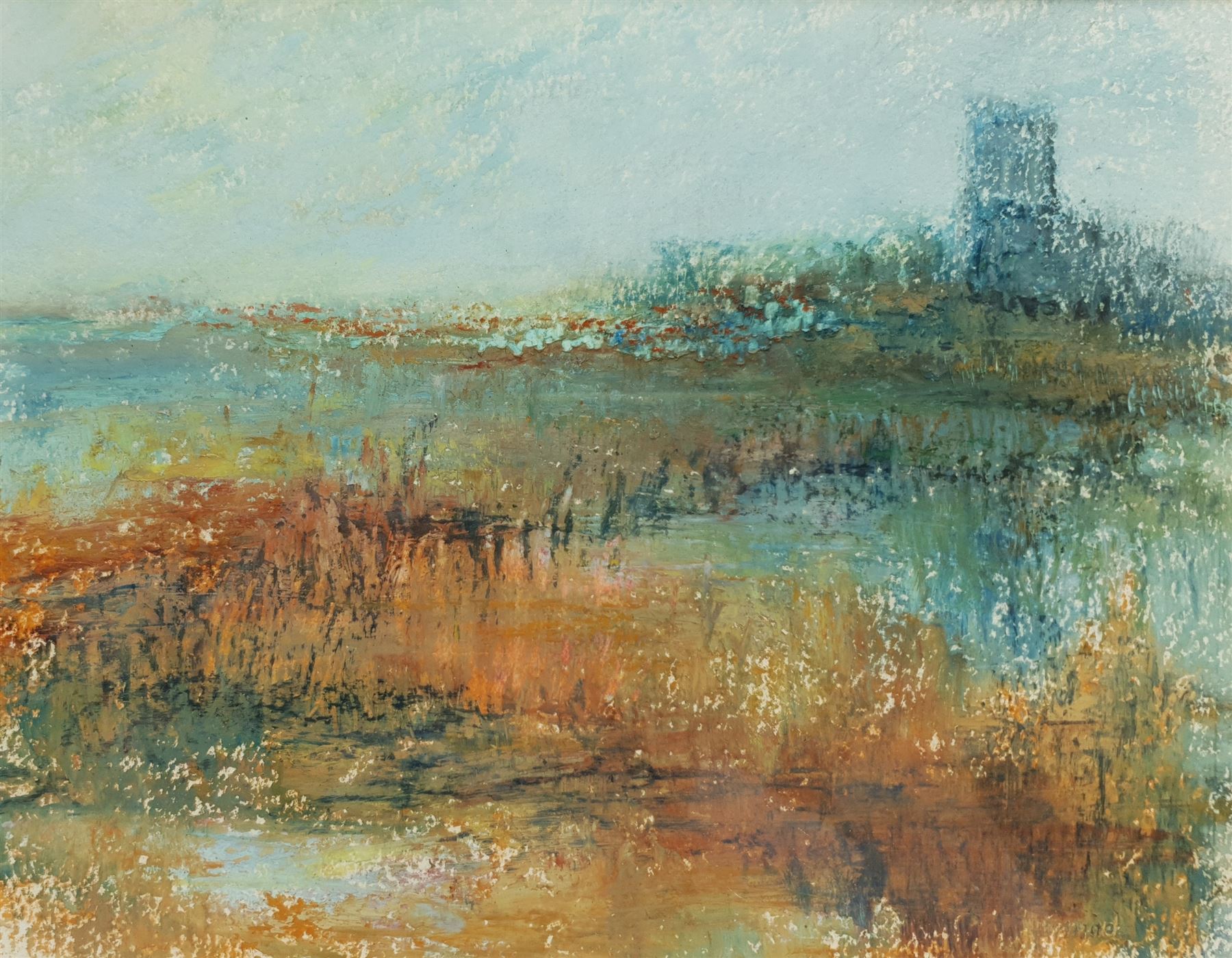 Madeleine Eyland (Belgian/British 1930-2021): 'Marshland', pastel signed, titled verso 23cm x 30cm 
Provenance: artist's studio collection. Marie-Madeleine Eyland (neé Legrain) was born in 1930 at Floriffoux, Belgium; she lived most of her life in Scarborough working as a nurse and an artist.