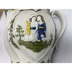 Early 19th century Prattware jug, circa 1800, decorated with two heart shaped panels of children, titled Sportive Innocence and Mischievous Sport, further decorated with acanthus and foliate borders, H22cm