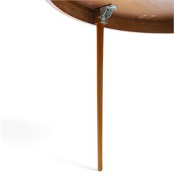 Barker & Stonehouse - cherrywood oval extending dining table and four upholstered chairs, the table with additional leaf extended to cm, raised on a turned column above swept supports, the chairs with brown upholstery and multi-coloured geometric design