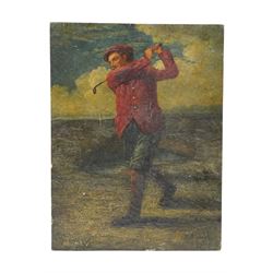 After Anton Maria Mucchi Vignoli (Italian 1871-1945): Professional Golfers Old Tom Morris and Young Tom Morris, pair of oils on wood panel one indistinctly signed 41cm x 31cm (2) (unframed)