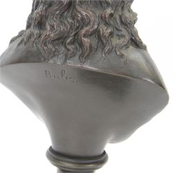 After Jean Bulio (French 1827-1911): bronze bust, modelled as Christ wearing crown of thorns, upon a socle base and square plinth, signed Bulio verso, overall H28.5cm
