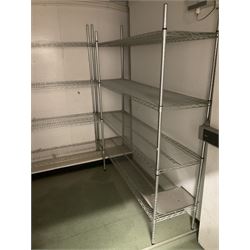 Metal four tier shelving racking x 3, plastic racking and shelving- LOT SUBJECT TO VAT ON THE HAMMER PRICE - To be collected by appointment from The Ambassador Hotel, 36-38 Esplanade, Scarborough YO11 2AY. ALL GOODS MUST BE REMOVED BY WEDNESDAY 15TH JUNE.