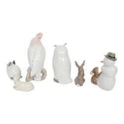 Royal Copenhagen, five figures including Owl 155, Snowman 017, Rabbit 154 etc, together with Royal Dux cockatoo