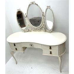 French cream painted kidney shaped dressing table, raised three piece mirror back, five drawers, cabriole legs