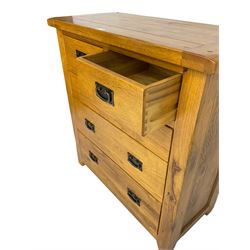 Contemporary oak straight-front chest, fitted with two short over three long graduating drawers, each with wrought metal pull handles