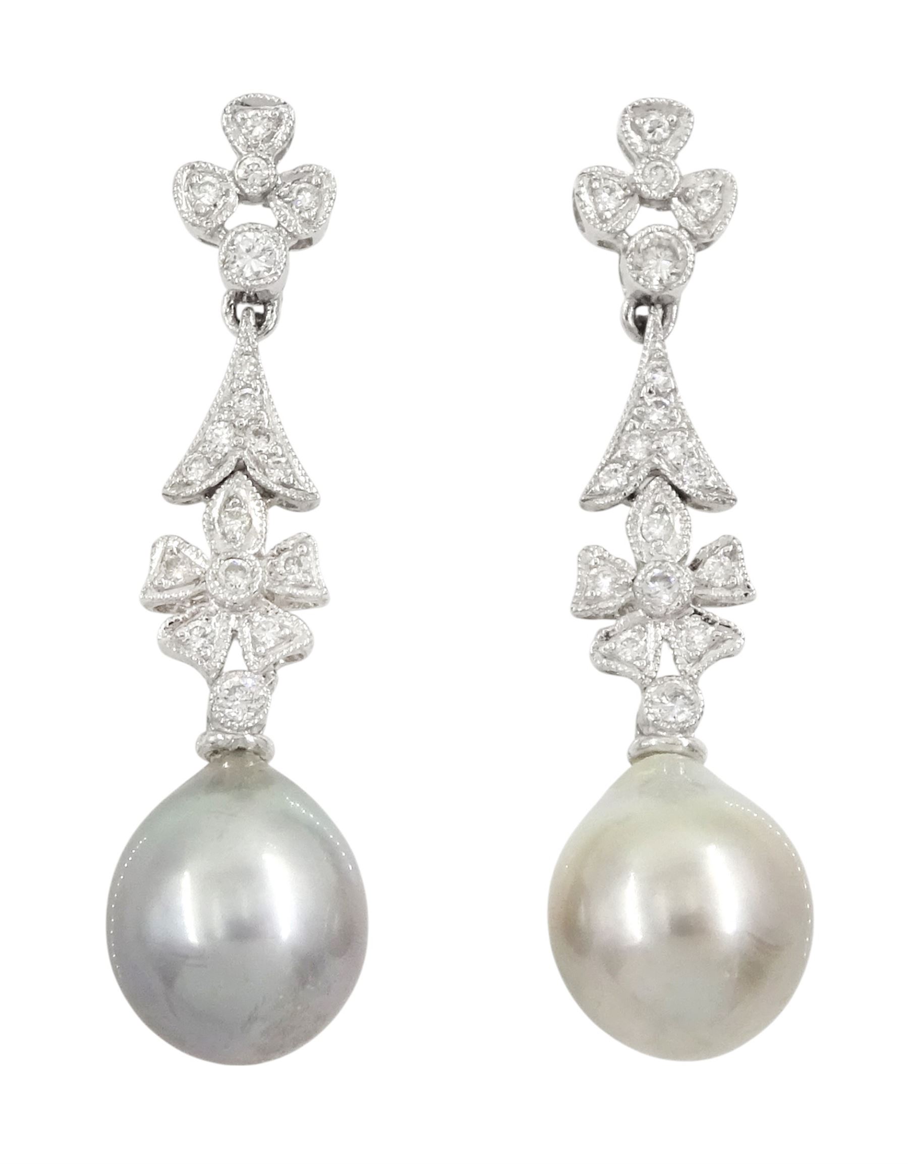 Pair of 18ct white gold pearl and diamond pendant stud earrings, cultured grey pearl, suspended from milgrain set, round brilliant cut diamond pendants, stamped 750
