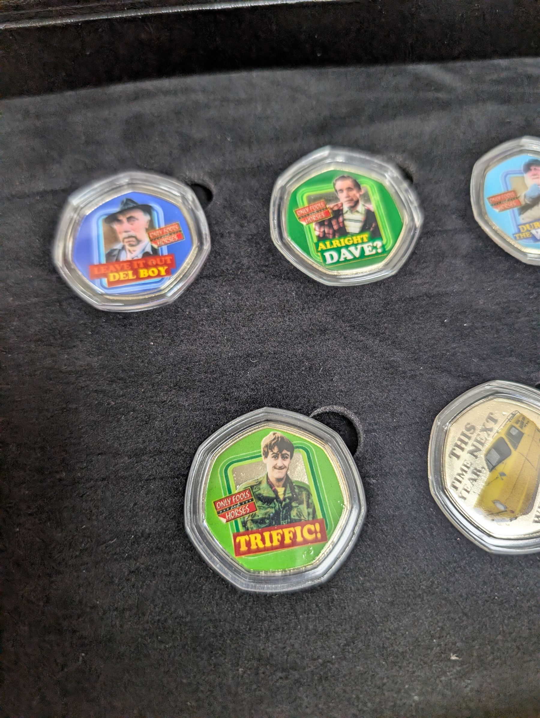 Collection of Only Fools and Horses memorabilia, including Westminster Mint limited edition fifty pence coin set, DVD box set, Corgi Reliant Regal, playing cards, framed bank notes, Griffin Cartoon of the bar scene, etc, together with a Vicar of Dibley DVD box set