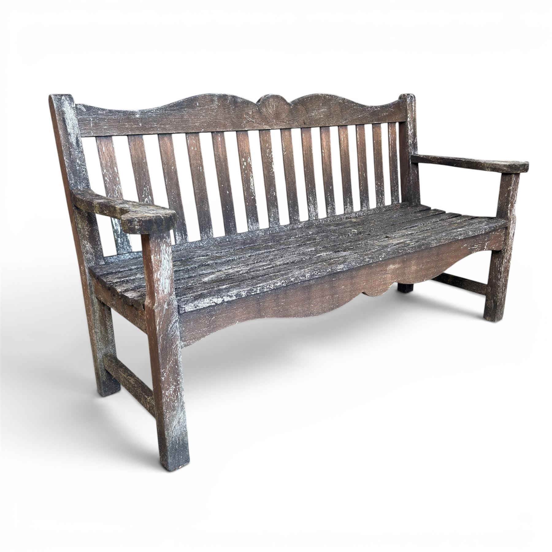 Teak garden bench, wavy shaped rail and slatted seat, with matching coffee table (2)