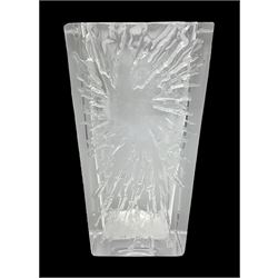 Daum clear crystal glass vase of square sleeve form decorated with stylised sunburst motif, engraved signature to the reverse H25cm