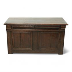 18th century oak blanket chest, chamfered rectangular hinged top over panelled front and sides, decorated with applied mouldings, on stile supports