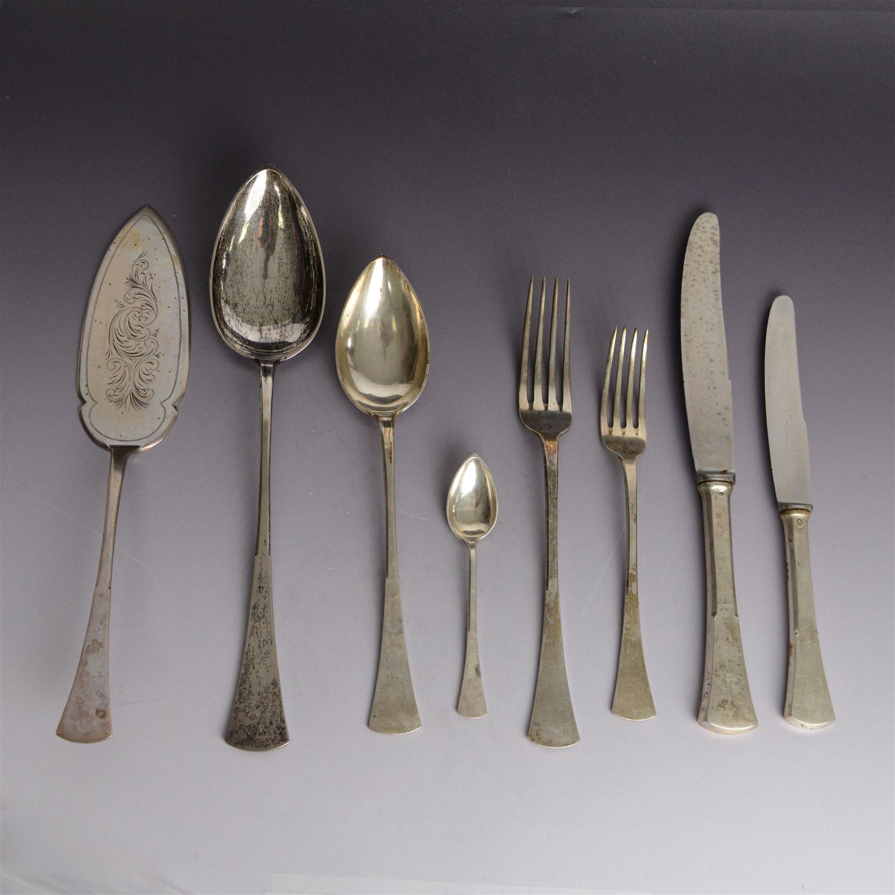 1920s canteen of Czechoslovakian 800 standard silver cutlery for twelve place settings, comprising table forks, silver handled table knives, table spoons, dessert forks, silver handled dessert knives, teaspoons, coffee spoons, cake slice, bread fork, sifting spoon and serving spoon, all stamped with Diana/Greyhound marks with no. 3 to side for 800 standard and with maker's mark TL
