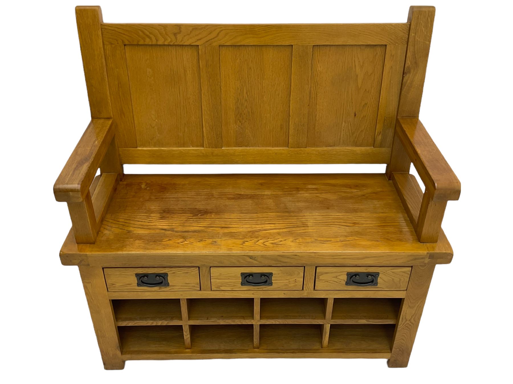 Light oak hall bench, tripled panelled back, fitted with drawers and shoe holes
