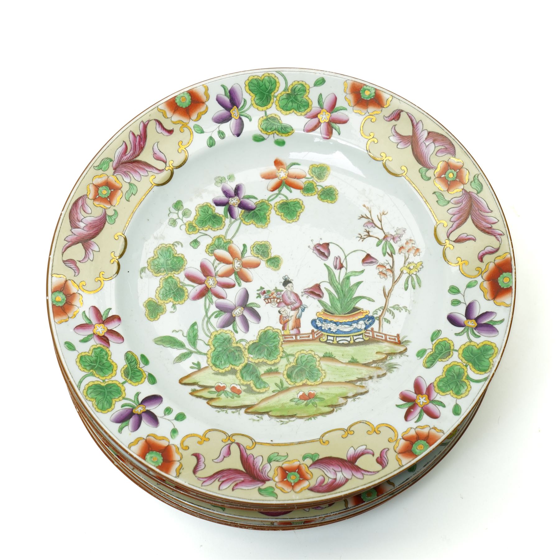 19th century Spode New Stone China dessert service, comprising sauce tureen with cover stand and ladle, large two handled serving dish and smaller example, two others, and seven plates, with chinoiserie decoration, impressed marks to bases 