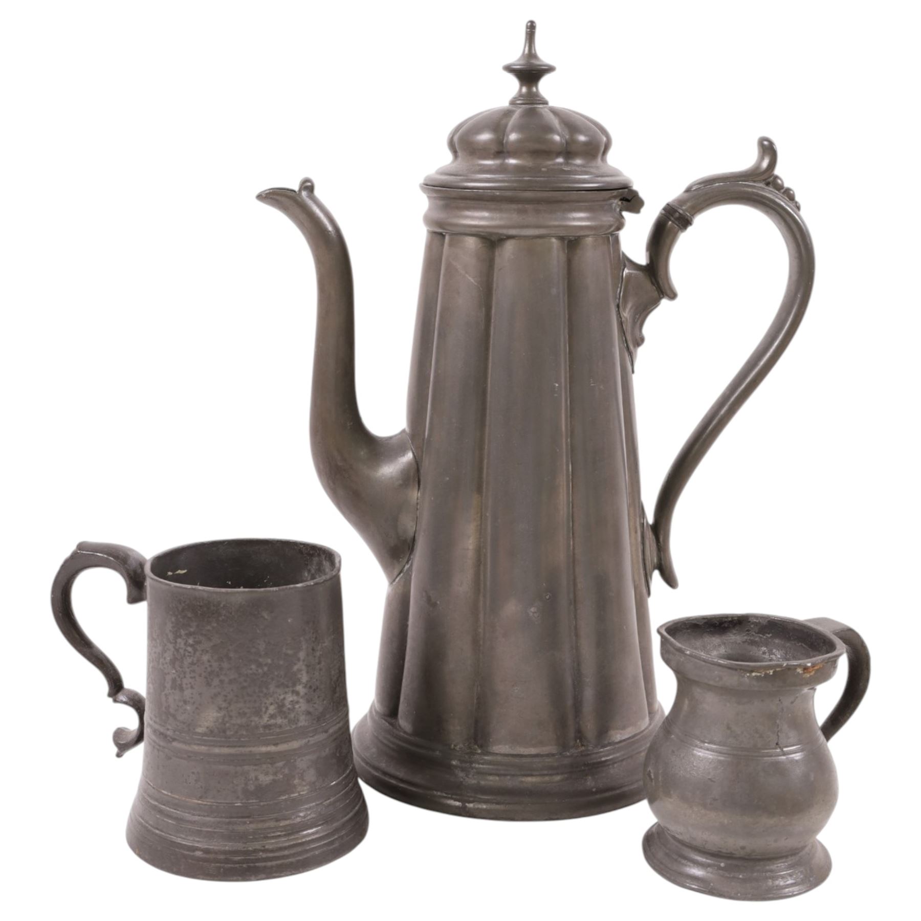 Royal Doulton nursery rhyme trio 'there was a little man, and he had a little gun', pewter coffee pot and tankards, commemorative ware, two mallet decanters, etc