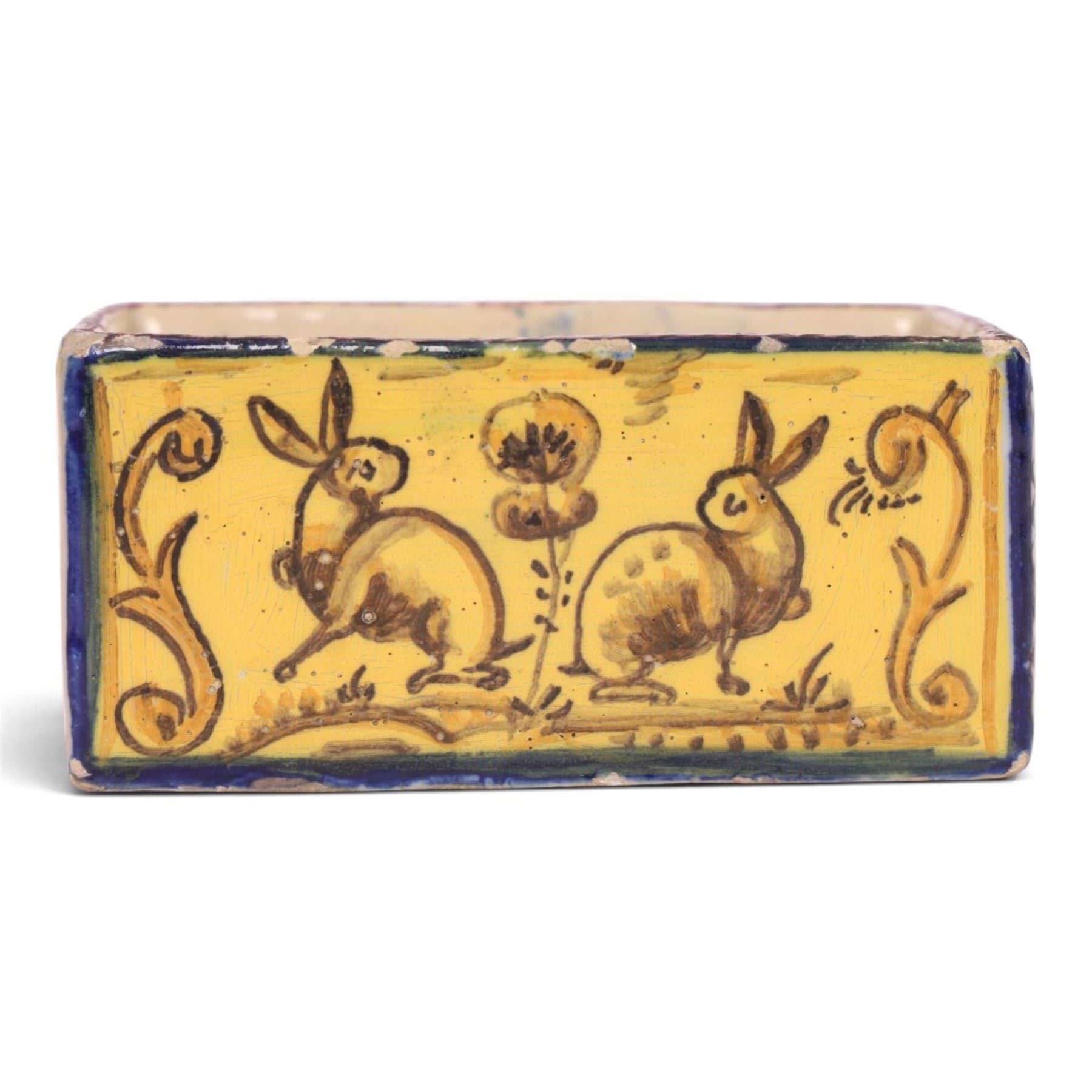 19th century Spanish faience pot of rectangular form with polychrome tin glaze decorated depicting birds and rabbits upon a yellow ground, H6cm, L12cm