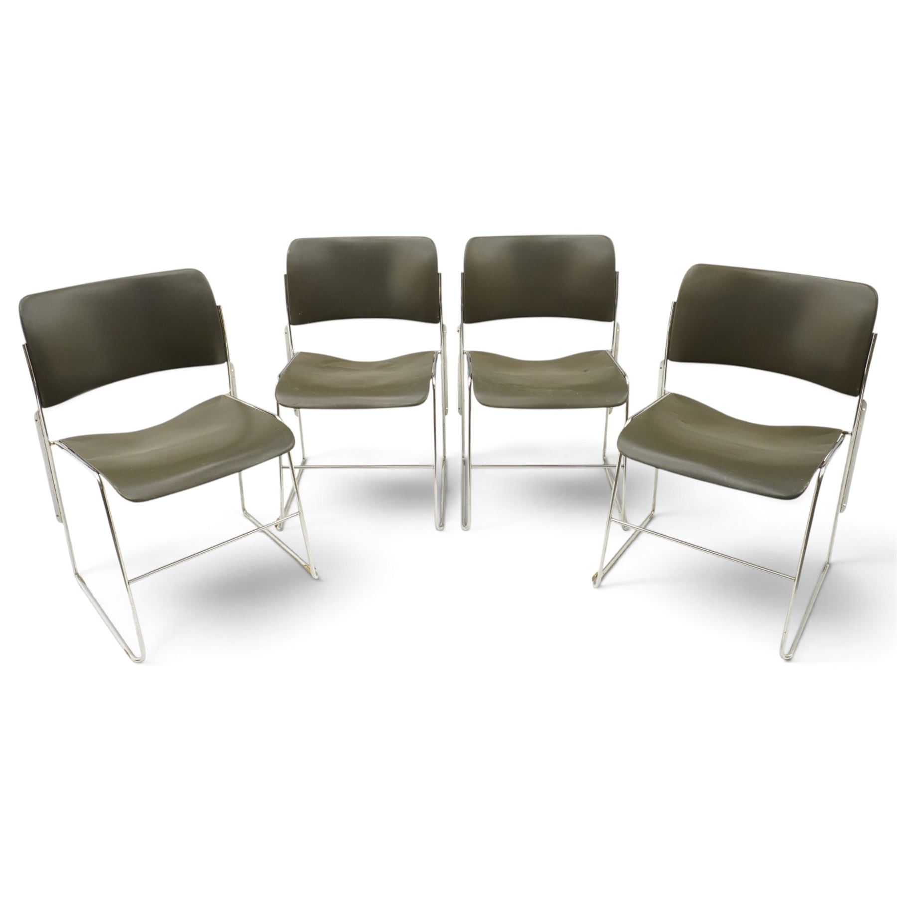 David Rowland for Howe - set four mid-20th century black and chrome 40/4 stacking chairs, metal seats with powder coated black finish, chrome tubular supports 