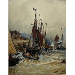 Thomas Bush Hardy RBA (British 1842-1897): 'Boats Arriving from the Herring Fishery Boulogne Harbour', watercolour signed titled and dated 1889, 49cm x 38cm
