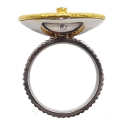  18ct gold open work ring, shield shape set with diamonds on yellow and white gold rope band stamped 750  