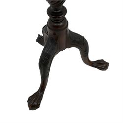 Georgian design mahogany tripod table, pie-crust moulded circular top, raised on turned and fluted column with twist baluster, on out-splayed ball and claw carved feet with acanthus carved knees