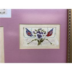 Thirty-five WW1 embroidered silk postcards including regimental crests, flags of the Allies, envelope type with greeting card inserts, Christmas and birthday cards etc; mounted and glazed in three graduated modern matching gilt frames (3)
