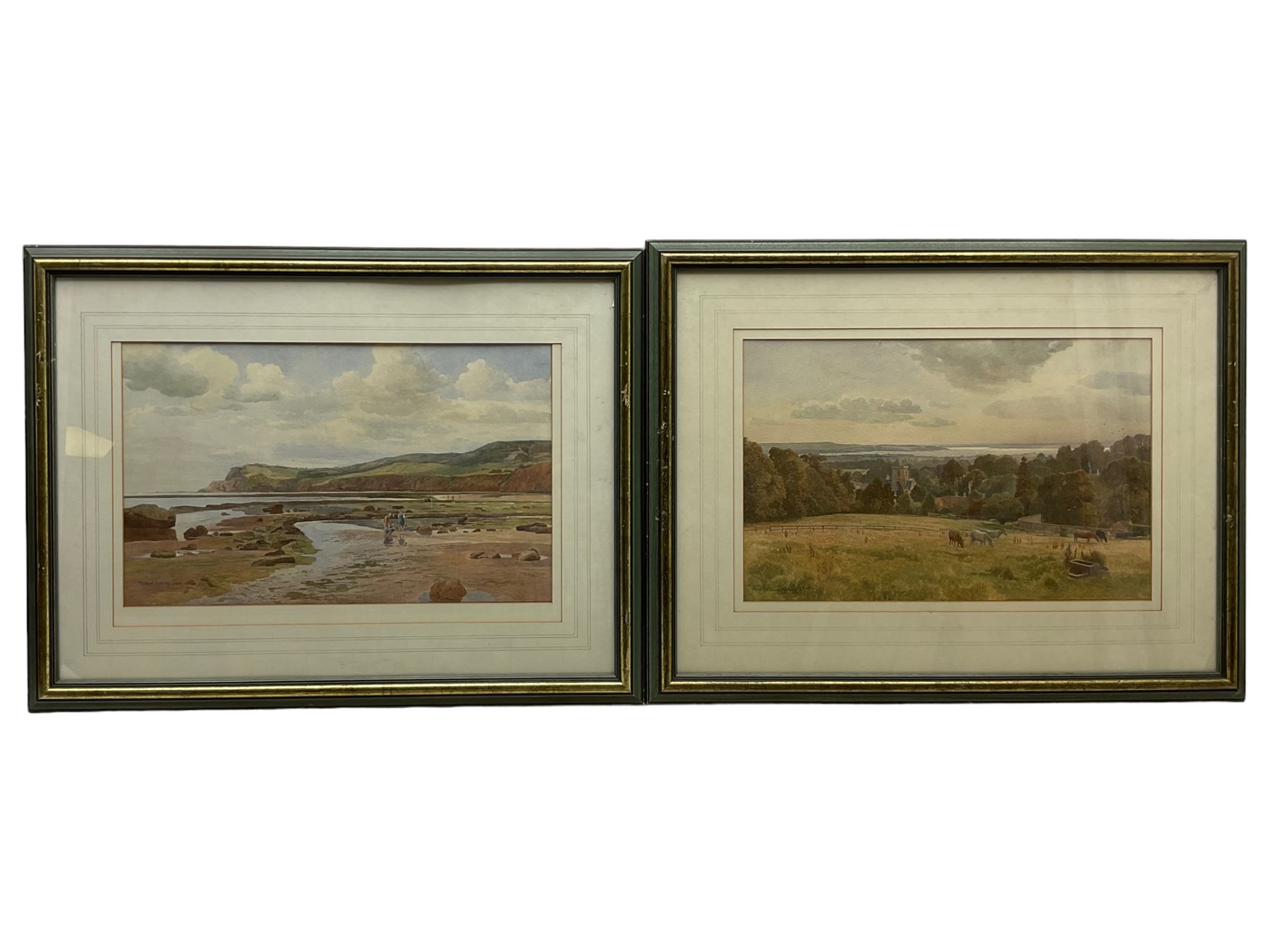 Michael Anthony Clark (British 20th century): Ravenscar from Robin Hood's Bay and Horses Grazing, pair watercolours signed 33cm x 52cm (2)