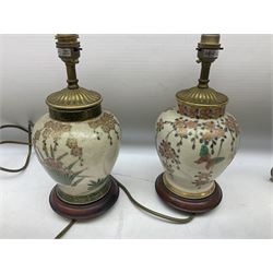 Agate table lamp with brass mounts, together with agate table lighter and dish, and two oriental style baluster form table lamps on bases, largest H33cm incl fitting