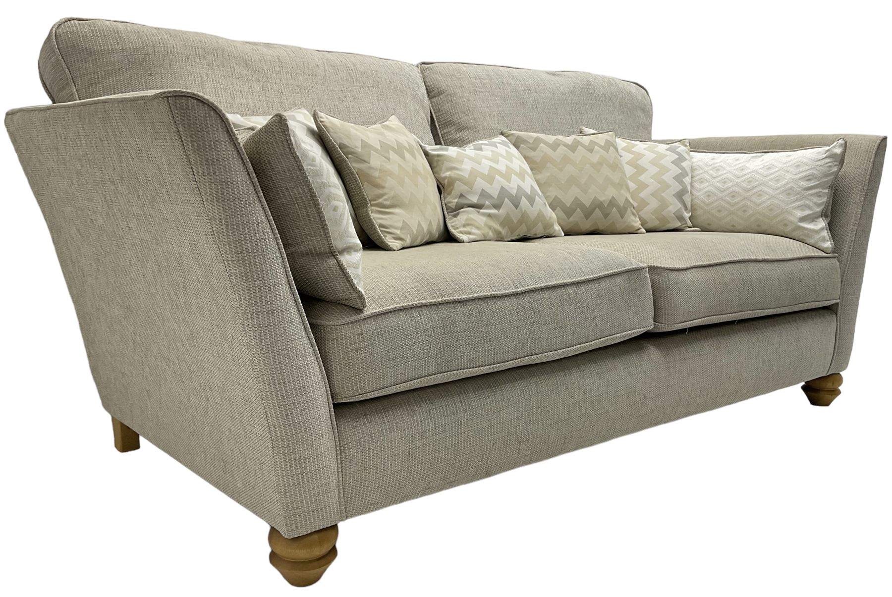 Oak Furnitureland - three-piece lounge suite upholstered in grey fabric, large three-seat sofa (W238cm, D106cm), two-seat sofa (W209cm), and snuggler sofa (W129cm)