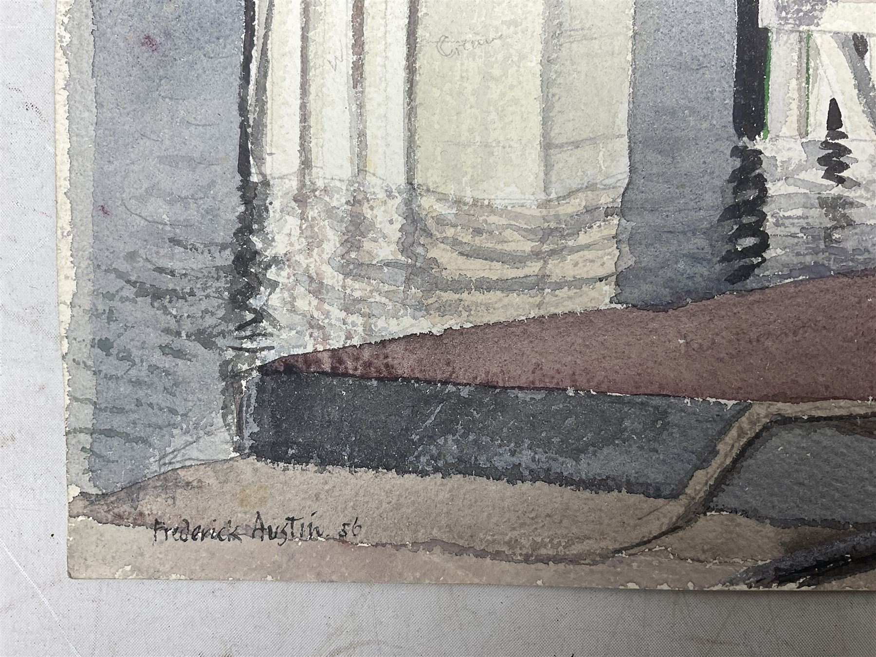 Frederick George Austin (British 1902-1990): 'Oil Wharf - Wandsworth', watercolour signed and dated '56, titled verso 28.5cm x 39.5cm (unframed)
Provenance: direct from the granddaughter of the artist