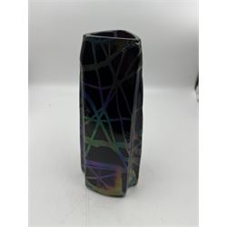 Austrian Art Nouveau Pallme-Konig vase, the tapering triangluar iridescent black glass body with irregular matt thread decoration, H26cm