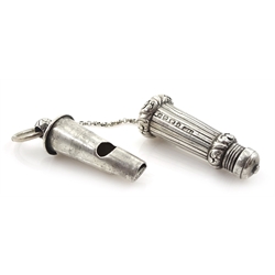 Edwardian silver whistle by William Hornby, London 1902, the metal interior stamped Huloons patent and a Victorian silver whistle, in a silver reeded case by Joseph Jennens & Co, Birmingham 1863