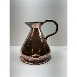 Victorian copper gallon haystack measure jug, H30cm, copper and brass biscuit barrel, circular copper dish on three ball feet stamped CB, another copper bowl and brass plate decorated with a Friars Crag (5)