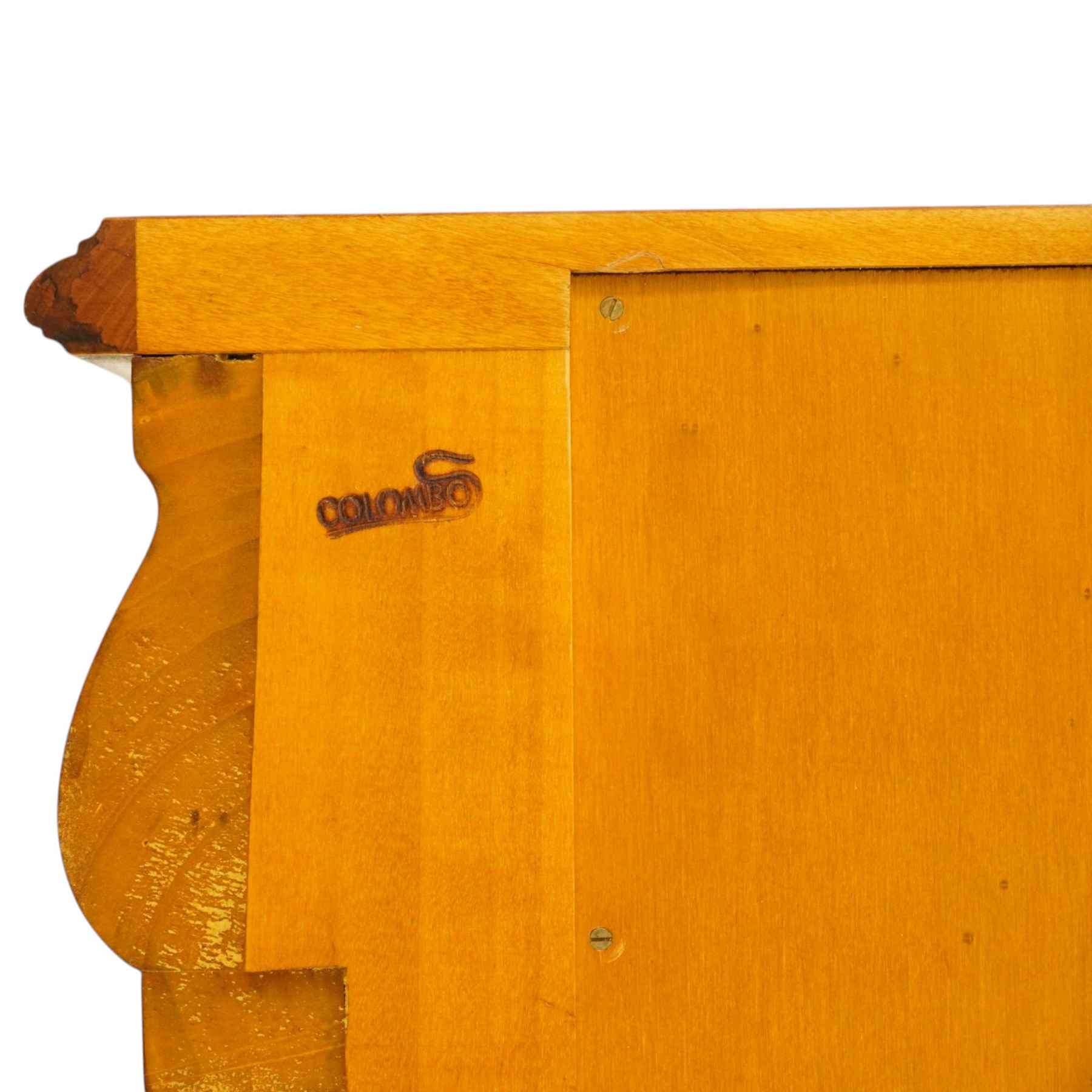 Colombo Mobili - Italian walnut and floral marquetry bombé commode chest, rectangular top with canted eared corners inlaid with urn motif and trailing scrolling foliage, fitted with three long graduating drawers with gilt metal handles, profusely inlaid with scrolling acanthus leaves interspersed with urns and cartouches, on large carved ball-and-claw feet