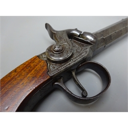  19th century 60 bore boxlock percussion pistol with walnut stock, chased action and trigger guard, the twist-off octagonal barrel inscribed Towl Boston L17cm with original purchase document from Rusty Old Arms, France  