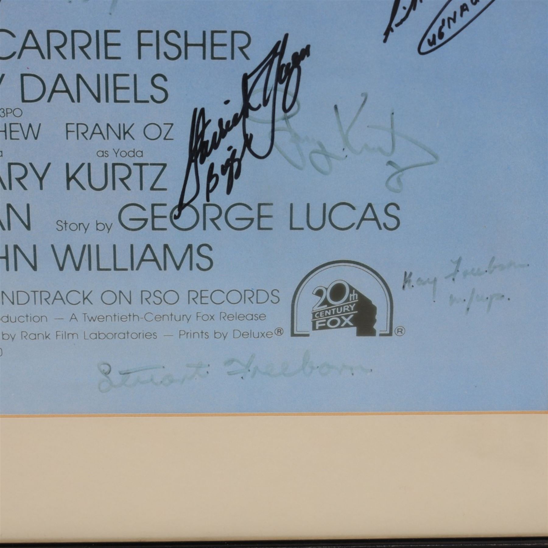 Autographed 1980s Star Wars Empire Strikes Back movie poster, with artwork by Tom Jung, with signatures including Michael Sheard (Admiral Ozzel), Koo Stark, Caroline Blakiston (Mon Mothma), Shelagh Fraser (Aunt Beru), Mike Edmonds (Logray), Peter Mayhew (Chewbacca), Jeremy Bulloch (Boba Fett), Stuart Freeborn (Creature Designer), Warwick Davies (Wicket), Michael Carter (Bib Fortuna), Dave Prowse (Darth Vader), Kenny Baker (R2D2), signatures and poster obtained at the Dave Prowse Promotions Mulitcon Event 1998 at The Norbreck Caste Hotel, Blackpool, in glazed black frame, frame H115cm