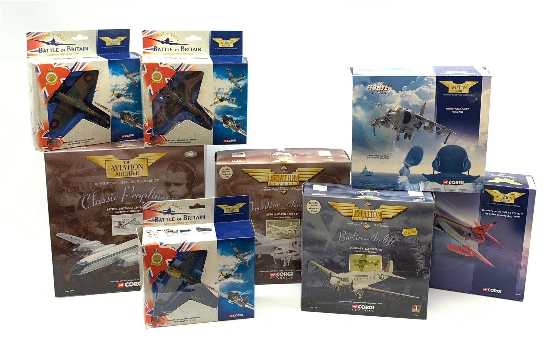 Corgi Aviation Archive aircraft - eight various scale models, most lacking one or two small pieces including 48605 Classic Propliners Bristol Britannia, 47401 Frontier Airliners Avro Lancaster, AA32702 Hawker Hunter, AA32401 Harrier Falklands, 47101 Douglas Skytrain etc; all boxed (8)