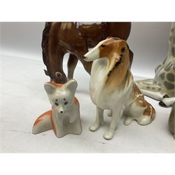 Group of USSR ceramic animals, to include a recumbent pointer dog, giraffe, fox, magpie, rough collie etc, all stamped beneath