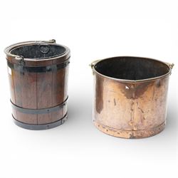 Coopered wooden bucket with swing handle H36cm and a copper bucket (2)