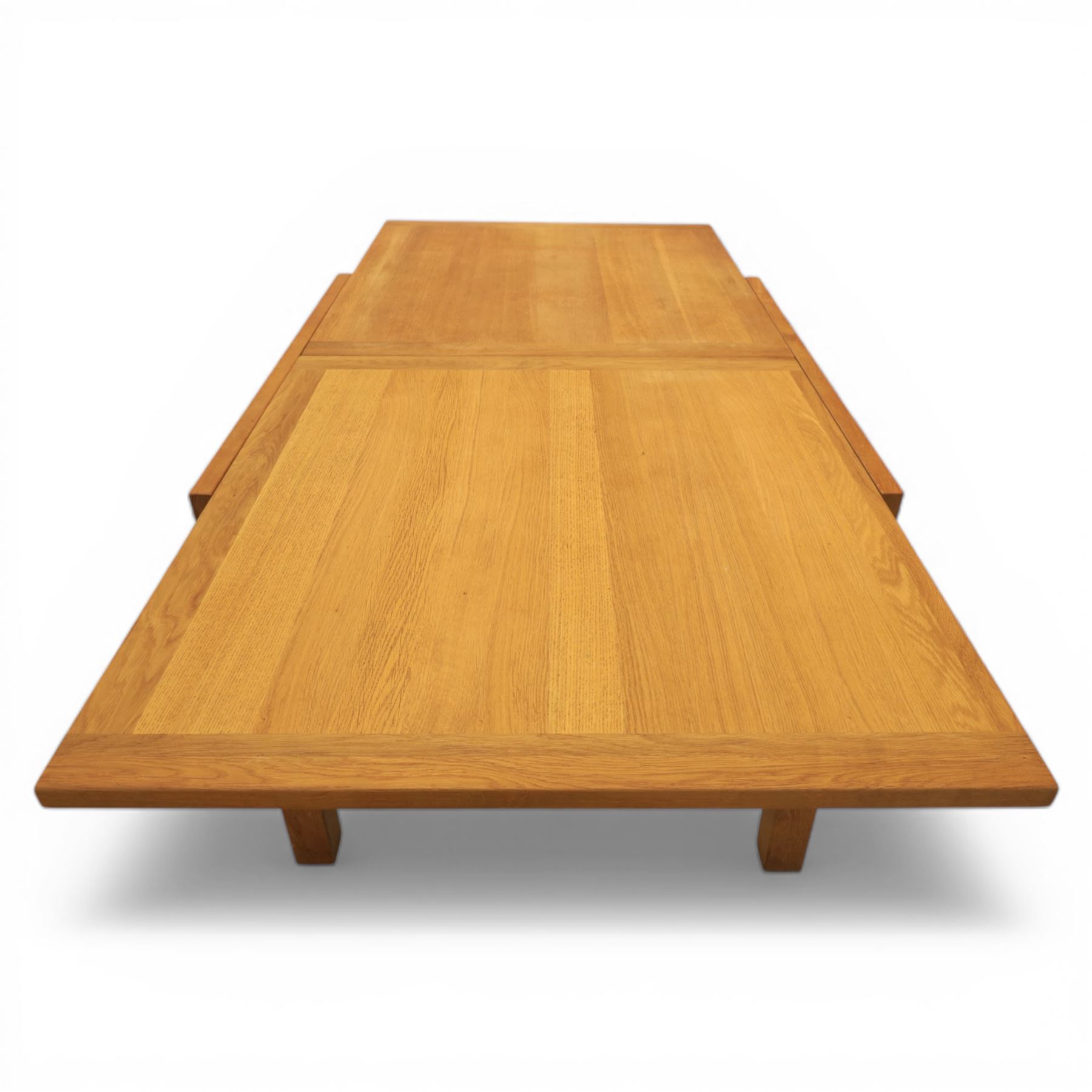 Contemporary square light oak extending dining table, and set of four chairs, table extends to 180cm