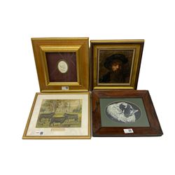 Framed cameo of Posidonius (Ancient Greek politician and astronomer of Apameia/Rhodes) together with a textured print after Rembrandt; after J P Sheldon: 'Polled Aberdeen Cattle', chromolithograph; print of Rams head max 16cm x 21cm (4)