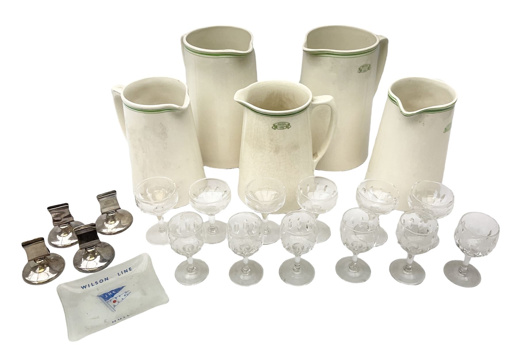Wilson Line of Hull - five graduated ceramic jugs by Weatherby, Adams and Crown Ducal, largest H22cm, sets of six port and liqueur glasses, four silver plated menu holders and glass ashtray (22)  