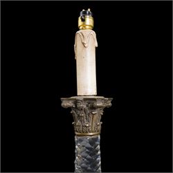 Near pair of large 19th century cut glass table lamps, each of columnar form with diamond cut tapering stem and silver plated Corinthian capital, raised upon a circular faceted foot (one slightly smaller), H71cm overall 